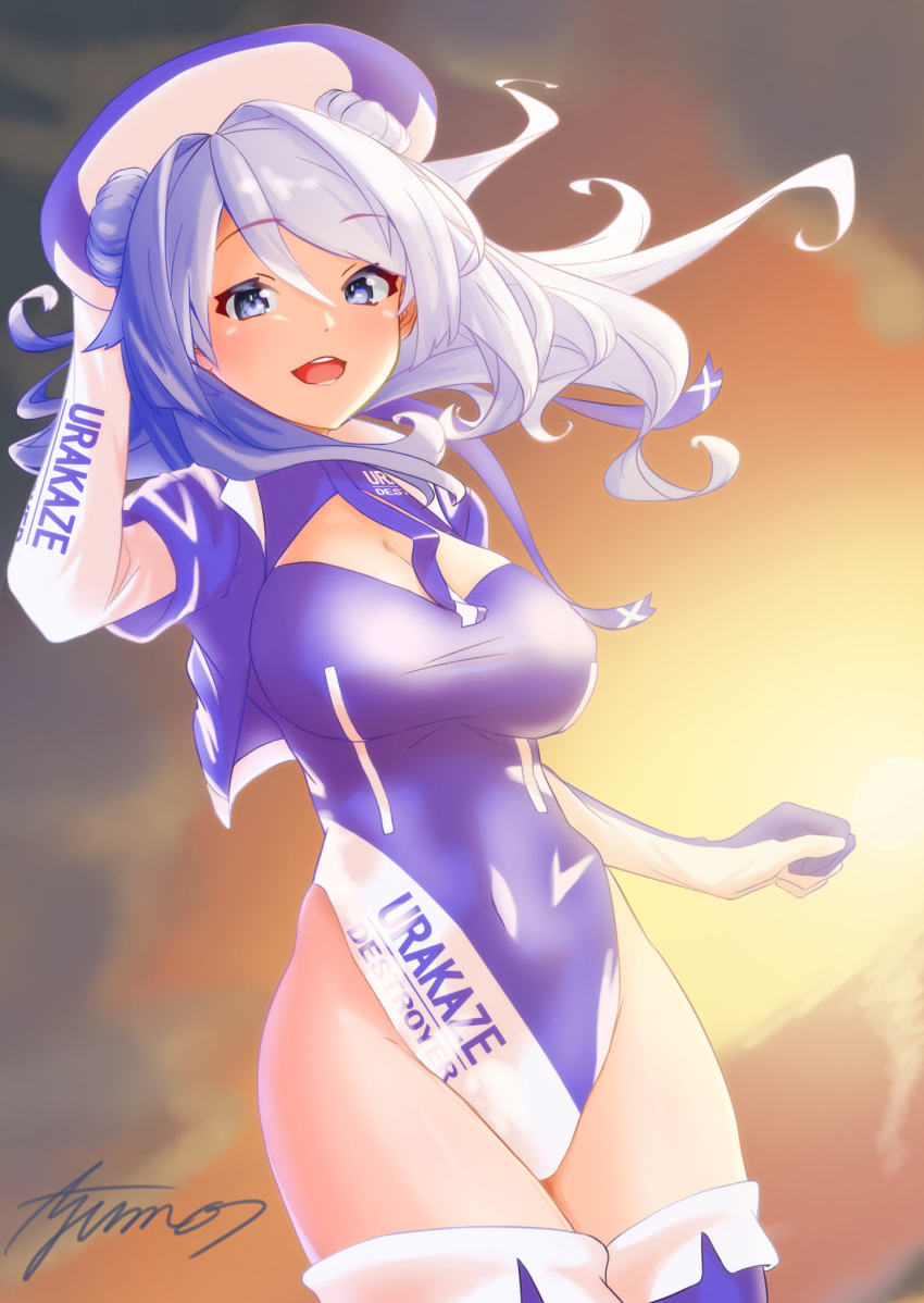 1girl ayuman blue_eyes blue_hair breasts character_name clothes_writing commentary_request cowboy_shot crop_top double_bun elbow_gloves gloves hat highres kantai_collection leotard looking_at_viewer medium_breasts multicolored multicolored_clothes multicolored_gloves purple_headwear purple_legwear purple_leotard race_queen sailor_hat signature solo sunset thighhighs two-tone_leotard urakaze_(kantai_collection)