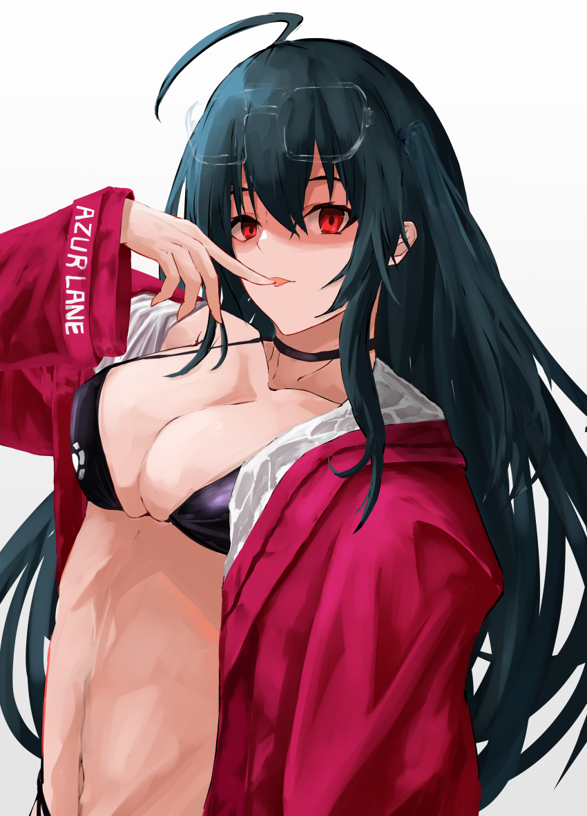1girl absurdres ahoge azur_lane bikini black_bikini black_hair black_swimsuit breasts cleavage collarbone copyright_name eyebrows_visible_through_hair eyewear_on_head finger_licking finger_to_mouth highres jacket large_breasts licking long_hair looking_at_viewer navel open_clothes open_jacket race_queen red_eyes red_jacket solo stomach swimsuit taihou_(azur_lane) taihou_(enraptured_companion)_(azur_lane) white_background yuuran_create