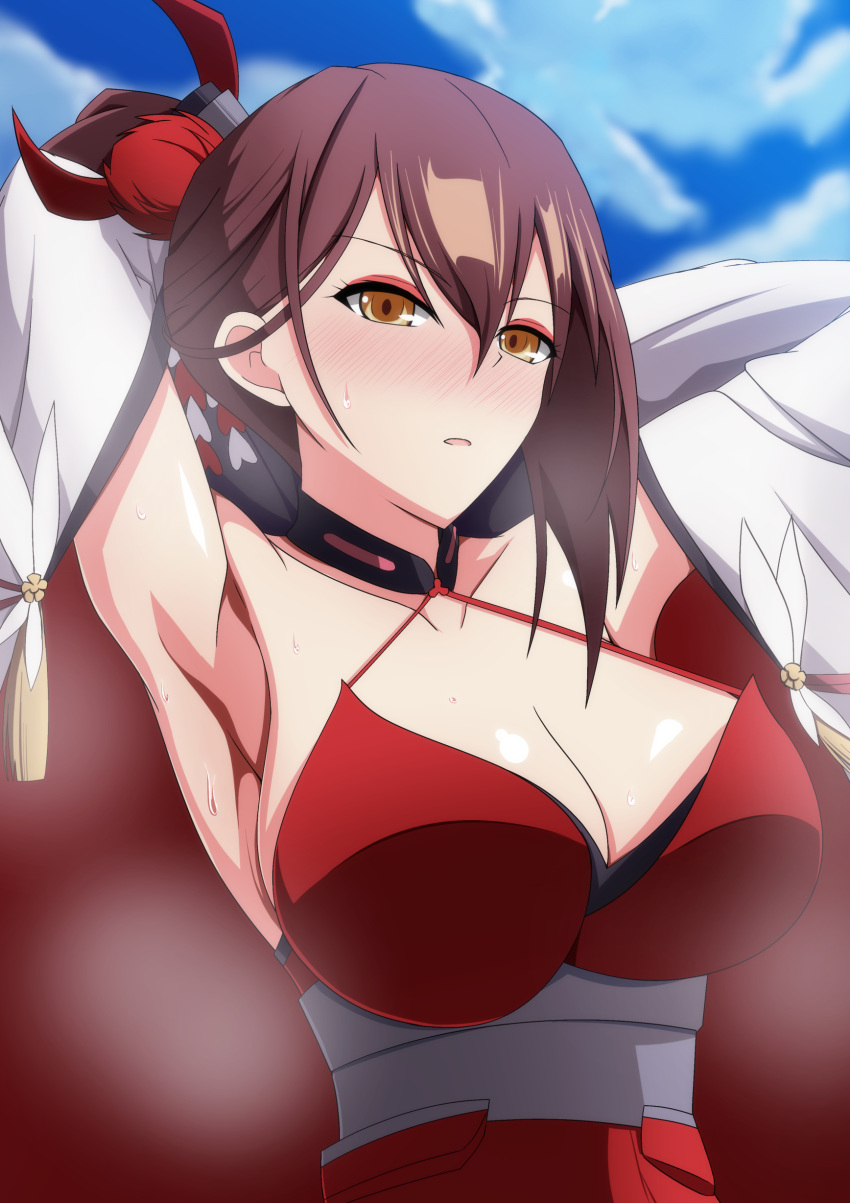 1girl absurdres armpits arms_behind_head azur_lane bangs bare_shoulders blue_sky blush breasts brown_hair cleavage cloud collarbone commentary_request criss-cross_halter day dress eyebrows_visible_through_hair eyeliner hair_between_eyes hair_ornament halterneck high_ponytail highres japanese_clothes kimono large_breasts long_hair looking_at_viewer makeup makiri_akira nose_blush open_clothes open_kimono parted_lips ponytail red_dress sidelocks sky sleeveless sleeveless_dress solo standing steam sweat upper_body very_long_hair white_kimono wide_sleeves yellow_eyes zuikaku_(azur_lane)