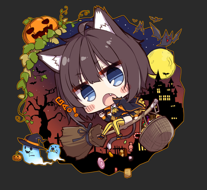 1girl animal_ear_fluff animal_ears bangs bat black_hair blue_eyes blush_stickers broom broom_riding candy cat_ears cat_tail chibi claw_pose detached_sleeves eyebrows_visible_through_hair fang food full_moon gao ghost halloween hat hatachi highres jack-o'-lantern looking_at_viewer moon night open_mouth original short_hair silhouette solo striped striped_legwear tail thighhighs vertical-striped_legwear vertical_stripes witch_hat