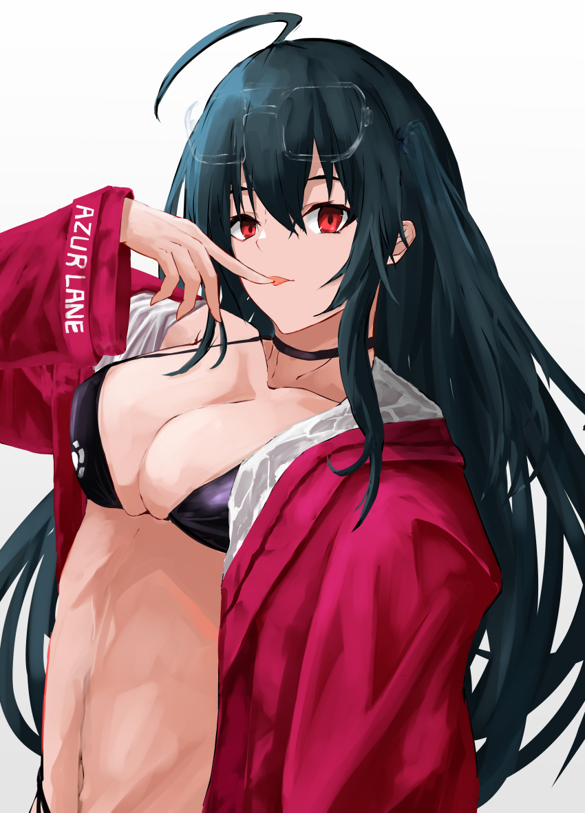 1girl absurdres ahoge azur_lane bikini black_bikini black_hair black_swimsuit breasts cleavage collarbone copyright_name eyebrows_visible_through_hair eyewear_on_head finger_licking finger_to_mouth highres jacket large_breasts licking long_hair looking_at_viewer navel open_clothes open_jacket race_queen red_eyes red_jacket solo stomach swimsuit taihou_(azur_lane) taihou_(enraptured_companion)_(azur_lane) white_background yuuran_create