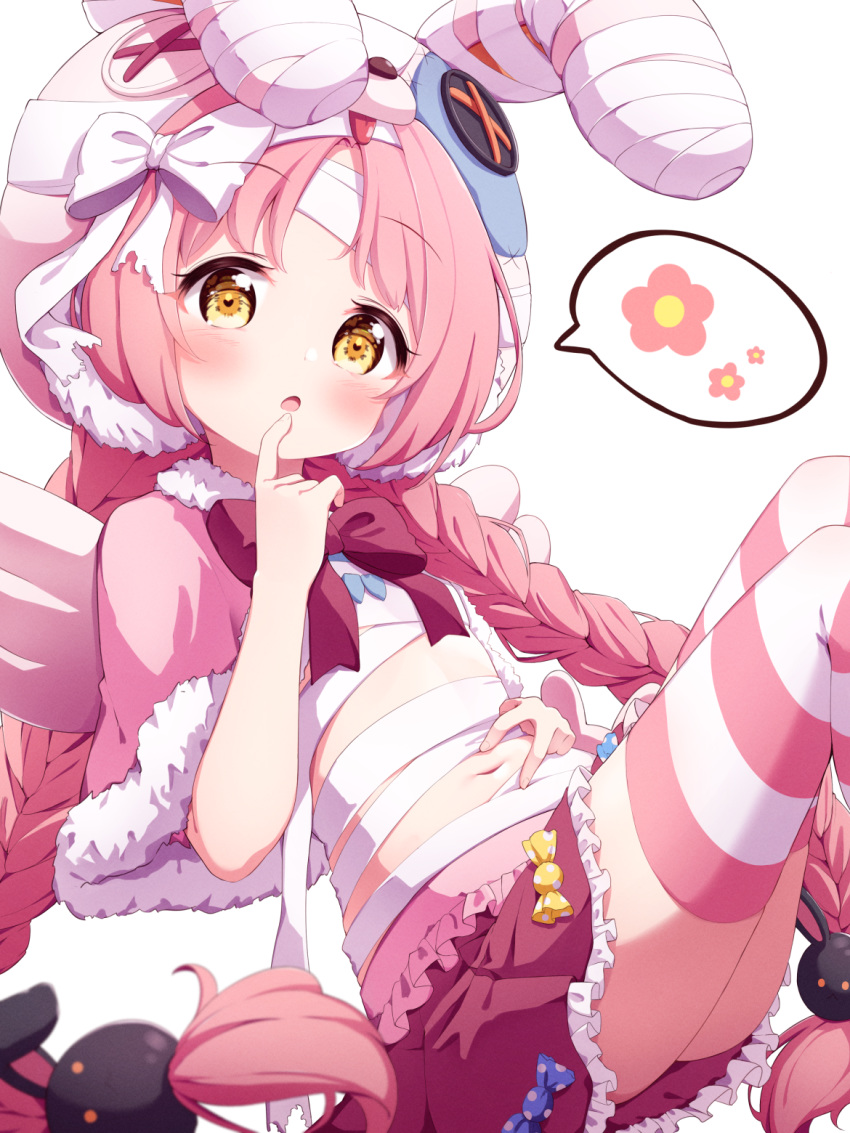 1girl :o animal_ears animal_hat bandages bangs blush braid bunny_ears bunny_hair_ornament bunny_hat capelet eyebrows_visible_through_hair fake_animal_ears feet_out_of_frame frilled_skirt frills fur-trimmed_capelet fur_trim hair_ornament hat highres knees_up long_hair looking_at_viewer low_twintails mimi_(princess_connect!) navel parted_bangs parted_lips pink_capelet pink_hair pleated_skirt princess_connect! princess_connect!_re:dive red_skirt setmen simple_background skirt solo spoken_flower striped striped_legwear thighhighs twin_braids twintails very_long_hair white_background yellow_eyes