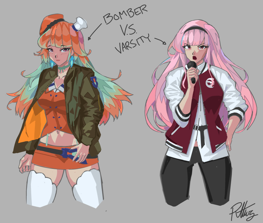 2girls absurdres alternate_costume bomber_jacket breasts chef_hat david_bagaconza english_commentary green_hair hat highres hololive hololive_english jacket letterman_jacket looking_at_viewer medium_breasts mori_calliope multiple_girls navel orange_hair pink_eyes pink_hair purple_eyes takanashi_kiara v-shaped_eyebrows virtual_youtuber