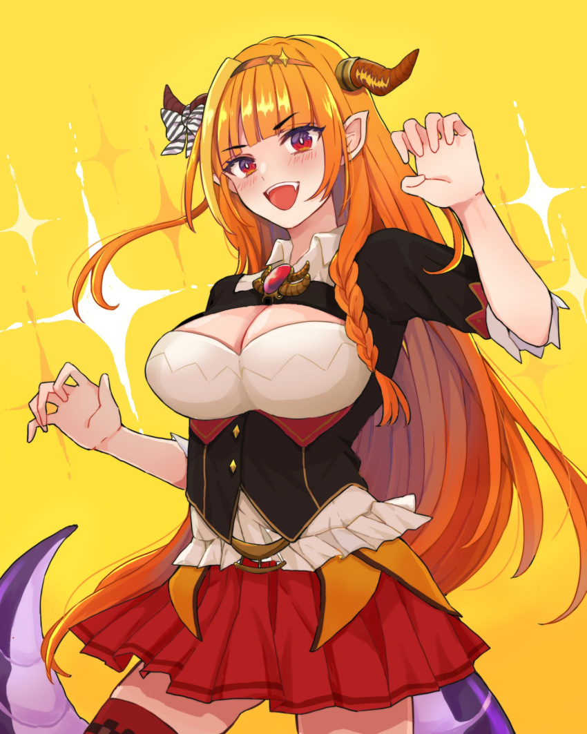 1girl breasts claw_pose dragon_horns dragon_tail fang highres hololive horns kiryuu_coco large_breasts long_hair nagimugi open_mouth orange_hair purple_eyes solo tail virtual_youtuber yellow_background