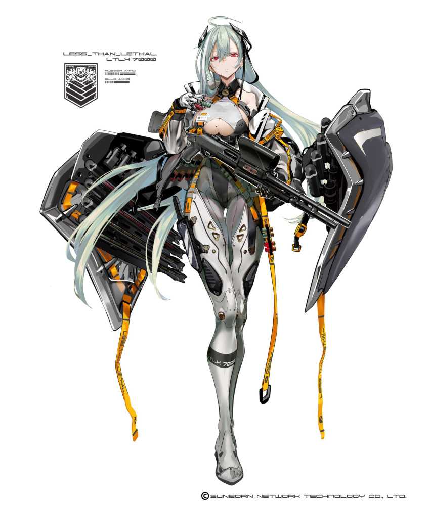 1girl afukuro ahoge aqua_hair bangs beretta_ltlx_7000 breasts character_name full_body girls_frontline gun hair_between_eyes highres holding holding_gun holding_weapon large_breasts long_hair long_legs looking_at_viewer ltlx_7000_(girls_frontline) mecha_musume official_art red_eyes shotgun thigh_gap underboob very_long_hair weapon white_background