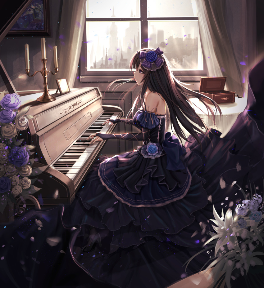 1girl bang_dream! bangs black_dress black_hair black_sleeves blue_flower blue_rose bow bridal_gauntlets closed_mouth detached_sleeves dress floating_hair flower from_side full_body grey_rose hair_between_eyes hair_bow hair_flower hair_ornament highres indoors instrument layered_dress long_dress long_hair long_sleeves music petals playing_instrument playing_piano profile purple_bow purple_eyes purple_flower purple_rose rose roselia_(bang_dream!) shirokane_rinko sitting sleeveless sleeveless_dress solo strapless strapless_dress striped striped_bow very_long_hair yuzuriha