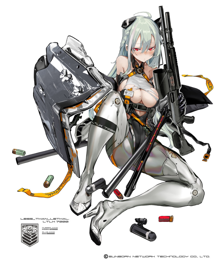 1girl afukuro aqua_hair beretta_ltlx_7000 breasts character_name damaged girls_frontline gun highres holding holding_gun holding_weapon large_breasts long_hair looking_down ltlx_7000_(girls_frontline) mecha_musume official_art red_eyes shotgun sitting underboob very_long_hair weapon white_background