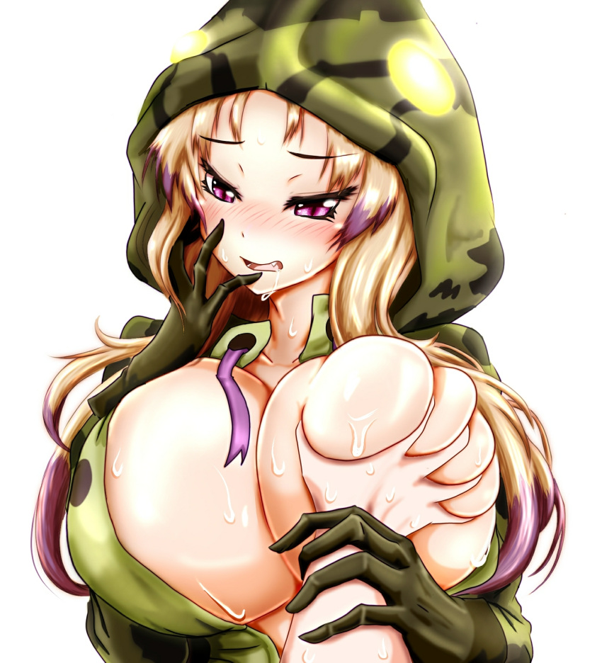 1girl african_rock_python_(kemono_friends) alternate_breast_size animal_print blonde_hair blush breast_grab breasts collarbone deep_skin drawstring drooling fang furrowed_eyebrows gloves grabbing guided_breast_grab half-closed_eyes hand_on_another's_chest hand_to_own_mouth hand_up highres hood hood_up hooded_jacket huge_breasts jacket kemono_friends long_hair looking_at_viewer m_otsu multicolored_hair nose_blush one_breast_out open_clothes open_jacket open_mouth pov pov_hands print_jacket purple_eyes purple_hair snake_print solo_focus sweat tsurime two-tone_hair unaligned_breasts upper_body wrist_grab