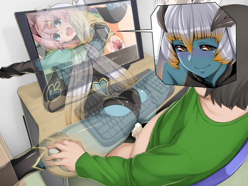 1boy 2girls ass back bare_shoulders black_hair black_sclera blue_eyes blue_skin blush breasts butakoma_300g censored chair clothed_sex computer computer_keyboard computer_mouse cum cum_in_pussy cum_inside demon_girl desk detached_sleeves eroge face female floral_print from_above full-face_blush green_shirt hair_between_eyes hair_intakes hands heart highres horns huge_breasts indoors inset keyboard lace long_hair multiple_girls open_mouth outstretched_arm pink_hair playing_games poster pussy pyurachri sex shiny shiny_skin shirt shirt_lift short_hair sitting smile spread_legs tears thighhighs through_wall vaginal white_hair x-ray yellow_eyes