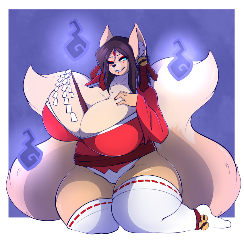 1:1 absurd_res anthro bell between_breasts big_breasts breasts canid canine cleavage clothed clothing fox gin-blade hi_res holding_breast huge_breasts jingle_bell legwear mammal multi_tail one_eye_closed panties thick_thighs thigh_highs underwear wink