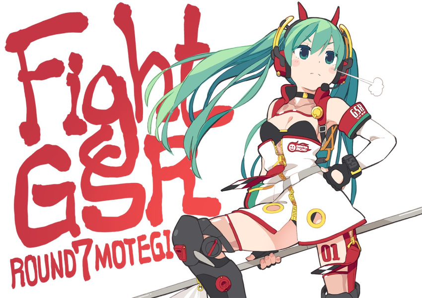 1girl =3 aqua_eyes aqua_hair black_gloves blush_stickers breasts cleavage commentary detached_sleeves dress fingerless_gloves flag flagpole gloves goodsmile_racing hair_ornament hand_on_hip hatsune_miku headphones highres holding holding_flag leg_up lena_(zoal) logo long_hair looking_away medium_breasts racing_miku racing_miku_(2020) shin_guards sleeveless sleeveless_dress smiley_face solo twintails very_long_hair visible_air vocaloid white_background white_dress white_sleeves zipper