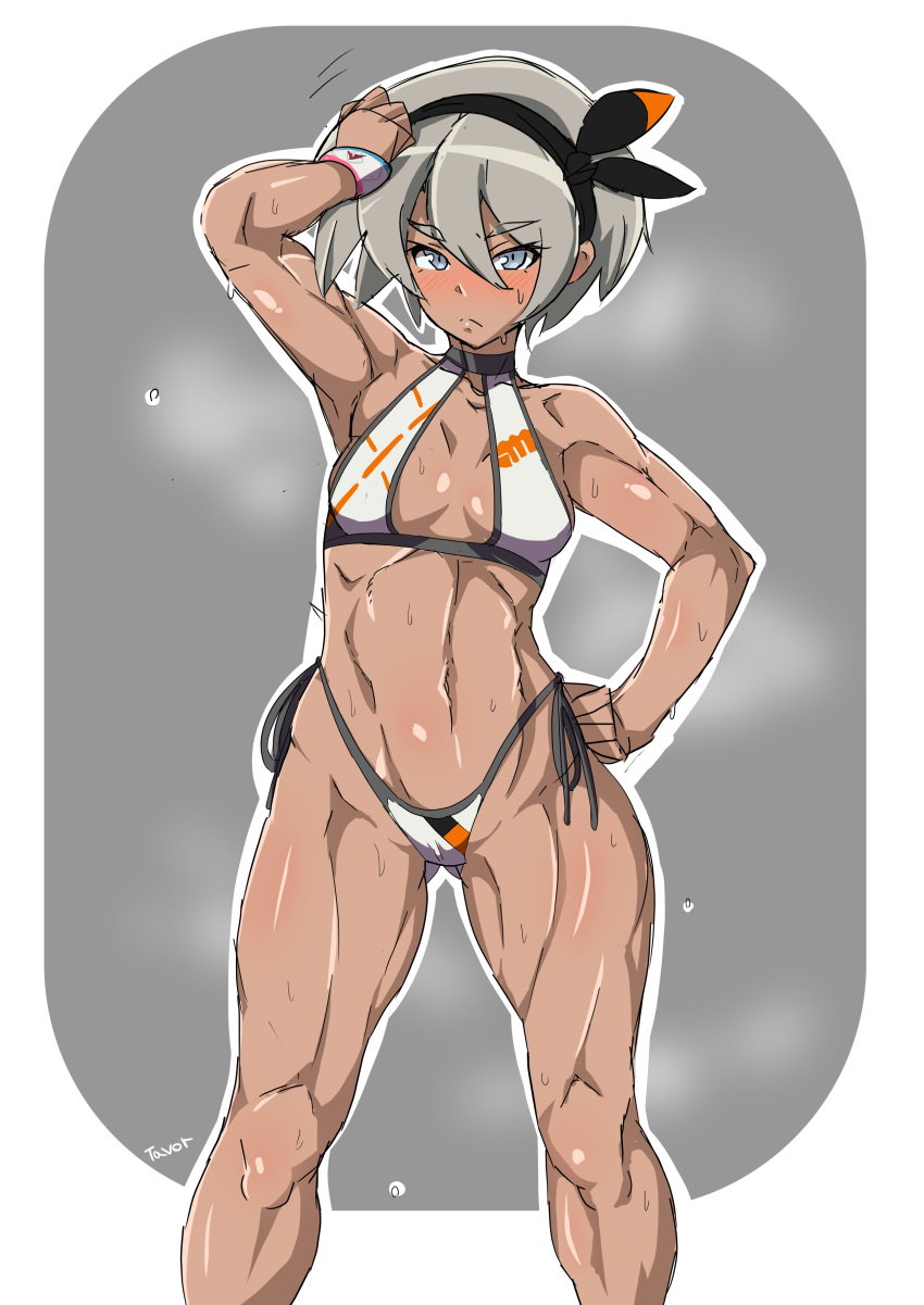 1girl absurdres armpits bangs bea_(pokemon) bikini black_hairband bow_hairband breasts dark_skin feet_out_of_frame grey_background grey_eyes grey_hair gym_leader hair_between_eyes hairband highres muscle muscular_female navel pokemon pokemon_(game) pokemon_swsh print_bikini short_hair side-tie_bikini small_breasts steaming_body sweat swimsuit tavor_(m_tavor)