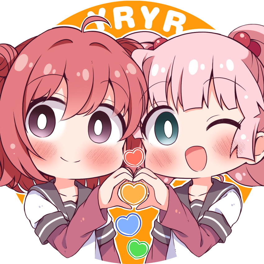 2girls ahoge akaza_akari aqua_eyes blush chibi collarbone double_bun eyebrows_visible_through_hair hair_bobbles hair_ornament heart heart_hands heart_hands_duo highres looking_at_viewer multiple_girls nanamori_school_uniform one_eye_closed open_mouth pink_hair purple_eyes red_hair school_uniform short_hair short_twintails smile takahero twintails yoshikawa_chinatsu yuru_yuri