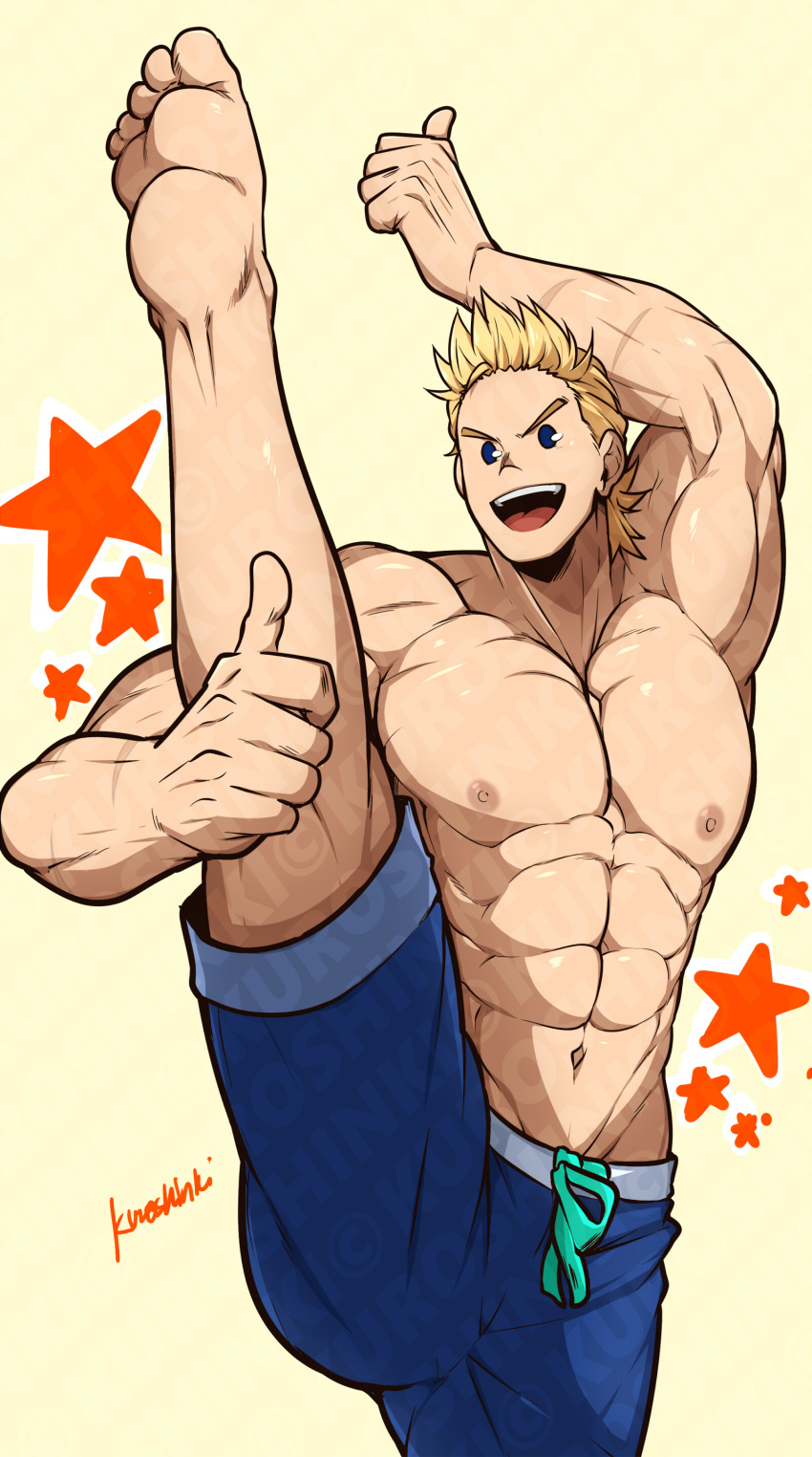 1boy abs absurdres ass bara blonde_hair blue_eyes blue_shorts boku_no_hero_academia chest double_thumbs_up high_kick highres kicking kuroshinki looking_at_viewer male_focus medium_hair meme muscle navel nipples shirtless shorts smile solo split standing standing_on_one_leg standing_split thumbs_up togata_mirio watermark