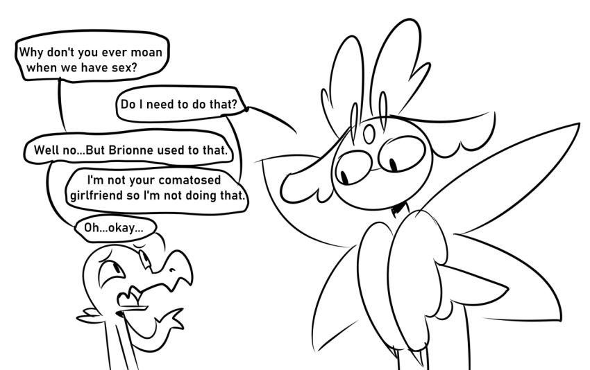 anthro black_and_white dialogue duo eye_contact female feral looking_at_another lurantis male monochrome nintendo not_a_furfag pok&eacute;mon pok&eacute;mon_(species) salandit sex_talk simple_background size_difference video_games