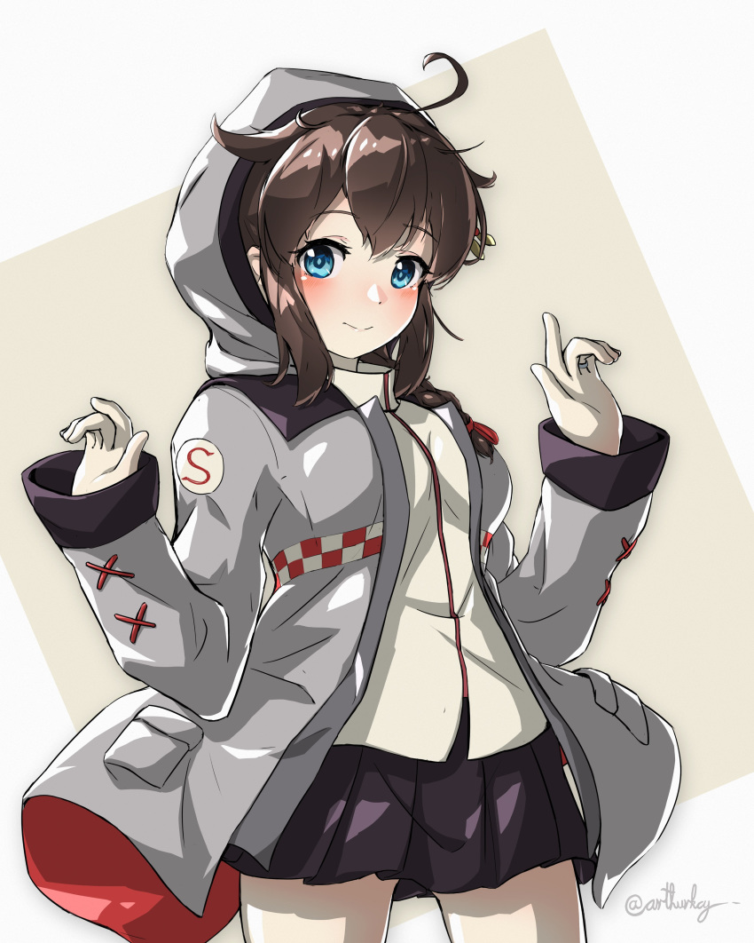 1girl absurdres ahoge arthur_ko beige_background black_hair black_skirt blue_eyes braid commentary_request cosplay gloves grey_jacket hair_flaps hair_ornament hair_over_shoulder highres hood hooded_jacket hoodie jacket kantai_collection pleated_skirt remodel_(kantai_collection) shigure_(kantai_collection) shiratsuyu_(kantai_collection) shiratsuyu_(kantai_collection)_(cosplay) single_braid skirt solo twitter_username two-tone_background white_background white_gloves