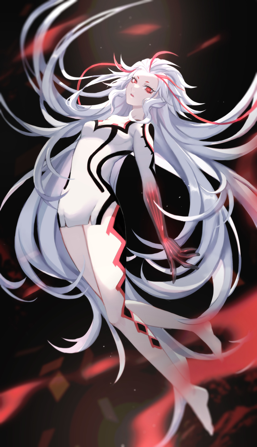 1girl absurdres ai:_the_somnium_files aiba_(ai:_the_somnium_files) akiya_(wls1906579) black_background full_body highres long_hair looking_at_viewer multicolored_hair red_eyes red_hair smile solo standing two-tone_hair very_long_hair