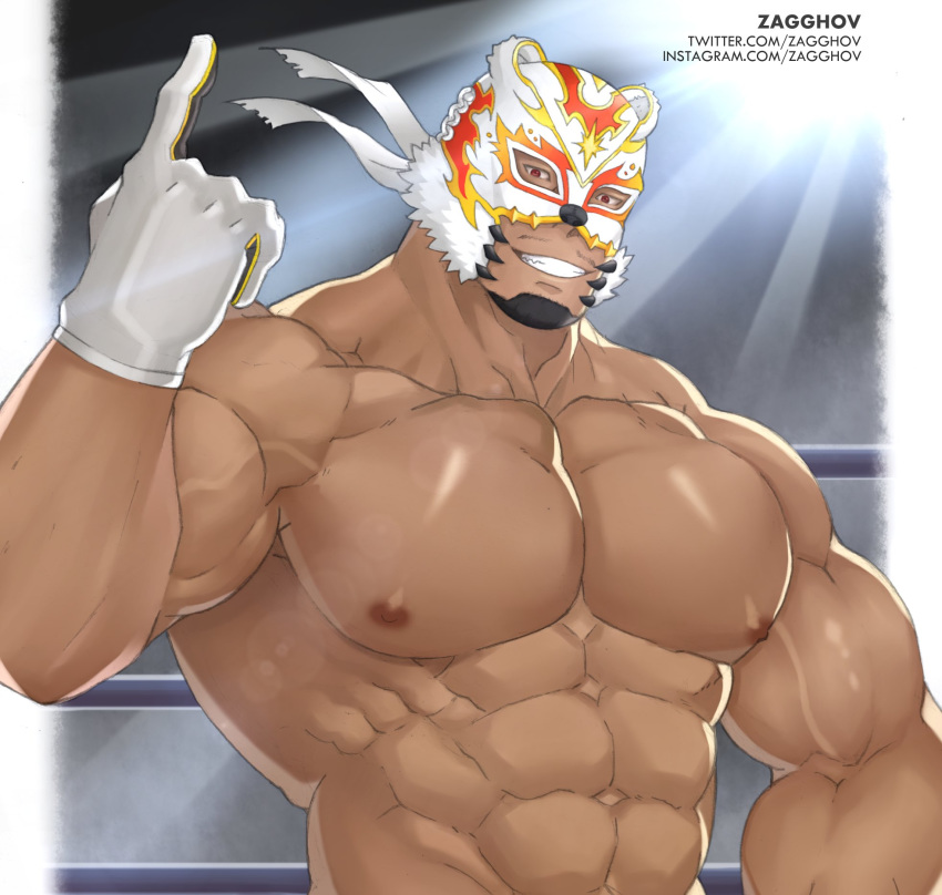 1boy abs artist_name bara bare_chest bear_mask biceps black_hair brown_eyes chest dark_skin dark_skinned_male facial_hair gloves goatee highres index_finger_raised live_a_hero male_focus muscle navel nipples pectoral_focus polaris_mask_(live_a_hero) short_hair solo upper_body veins white_gloves wrestling_mask wrestling_outfit zagghov