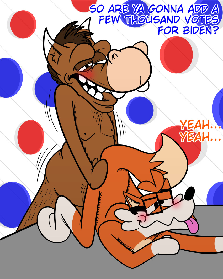 absurd_res anal anthro asinus body_hair brown_body brown_fur canid canine democrat_donkey duo equid equine eyewear fivethirtyeight fivey_fox fox fur glasses hi_res kneeling male male/male mammal mascot politics red_body red_fur simple_background text tongue tongue_out toony what zooptoon