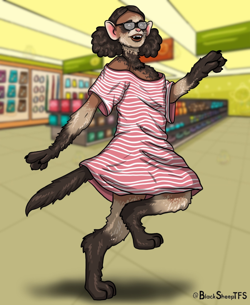 2020 black_hair blacksheeptfs clothing dipstick_limbs domestic_ferret dress eyewear female fur glasses hair hi_res inside mammal mustela mustelid musteline on_one_leg open_mouth smile solo standing transformation whiskers