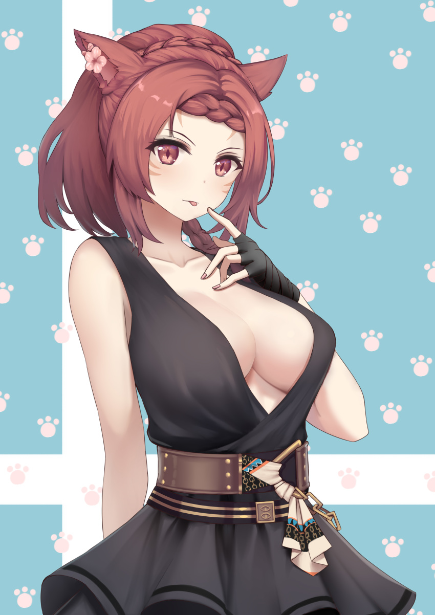 1girl :p absurdres animal_ears arm_behind_back belt black_dress black_gloves blue_background braid breasts brown_eyes brown_hair brown_nails cat_ears cat_girl chain cleavage collarbone dress facial_mark final_fantasy final_fantasy_xiv finger_to_mouth fingerless_gloves flower gloves hand_up highres large_breasts long_hair looking_at_viewer miqo'te paw_print_background paw_print_pattern sleeveless sleeveless_dress solo tongue tongue_out whisker_markings yunkaiming