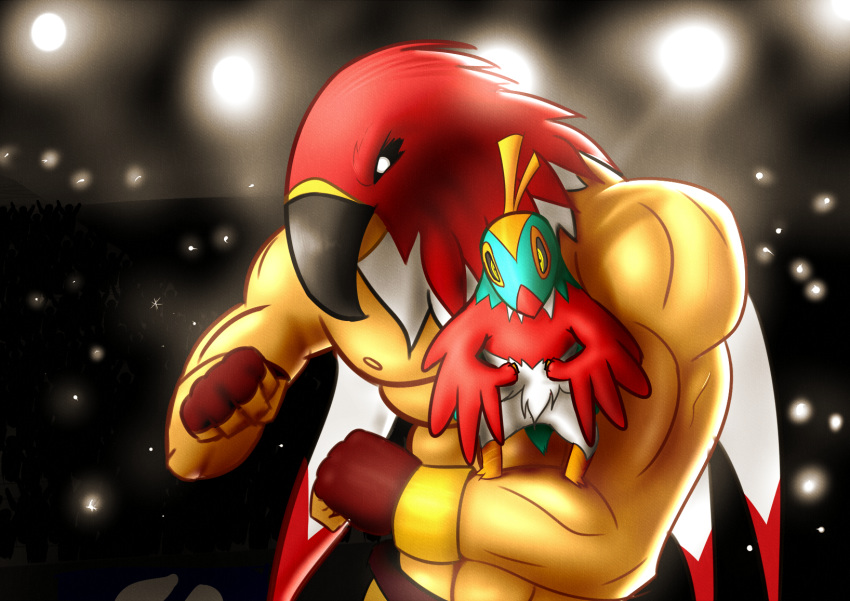animal_humanoid avian avian_humanoid beak bird_humanoid black_eyes clothed clothing crowd feathers green_body green_feathers group hawlucha hi_res humanoid king_of_fighters luchador male nintendo pok&eacute;mon pok&eacute;mon_(species) red_body red_feathers savoon tizoc topless topless_male video_games white_body white_feathers wrestler