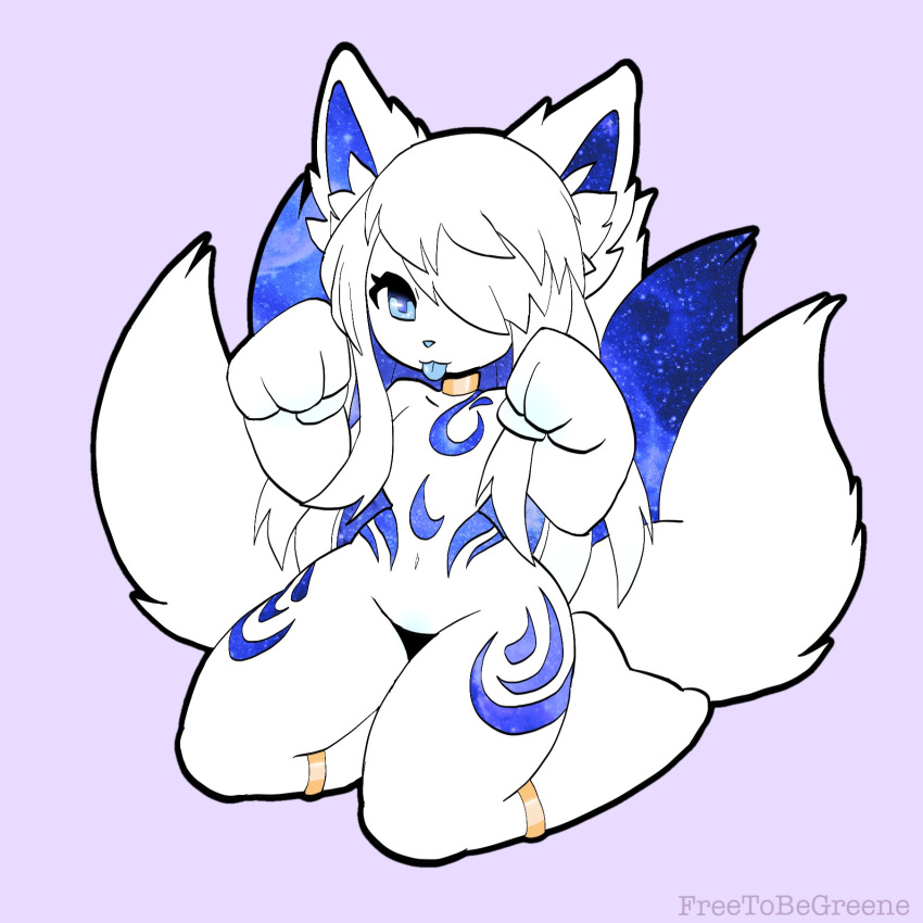 1:1 4_fingers 5_tails anthro asian_mythology blue_body blue_eyes blue_fur blue_inner_ear blue_markings blue_nose blue_tongue canid canine collar digital_media_(artwork) ear_tuft east_asian_mythology eyelashes female fingers fist fox fox_spirit freetobegreene fur gold_(metal) gold_collar gold_rings grey_background hair hair_over_eye hi_res inner_ear_fluff kneeling mammal markings multi_tail mythology one_eye_obstructed signature simple_background solo tail_tuft text tongue tuft white_body white_fur