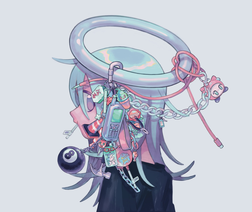 1girl 8-ball aqua_hair black_shirt cable chain cue_ball flower grey_background haka-baka halo hammer highres ice_cream_cone long_hair mouth_hold original phone plant portrait potted_plant profile red_flower shirt simple_background solo traffic_cone