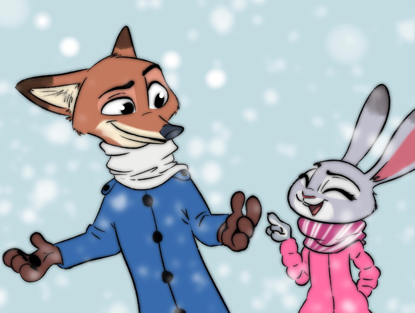 2018 black_nose blue_background brown_body brown_fur buckteeth canid canine clothed clothing disney eyes_closed fox fur grey_body grey_fur hi_res judy_hopps lagomorph leporid looking_at_another mammal nick_wilde open_mouth open_smile outside qalcove rabbit red_fox scarf simple_background smile snow snowing teeth zootopia