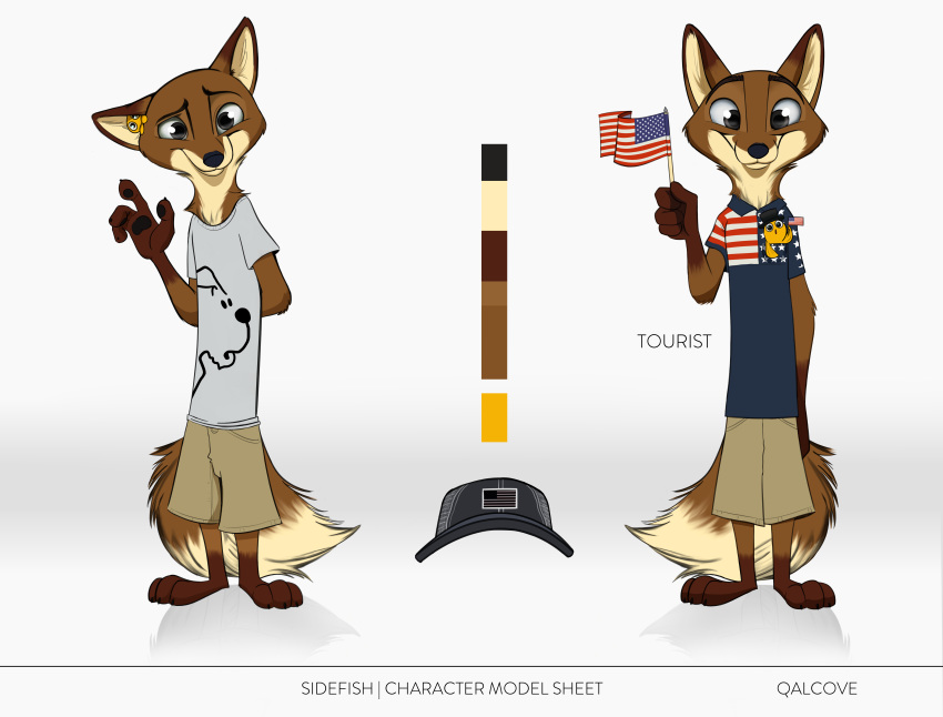absurd_res anthro black_pawpads bottomwear brown_body brown_fur canid canine clothed clothing color_swatch dipstick_tail fox full-length_portrait fully_clothed fur gesture gloves_(marking) hi_res holding_flag holding_object leg_markings looking_at_viewer male mammal markings model_sheet multicolored_tail pawpads portrait qalcove shirt shorts simple_background smile socks_(marking) standing stars_and_stripes t-shirt topwear united_states_of_america waving waving_flag white_background yellow_body