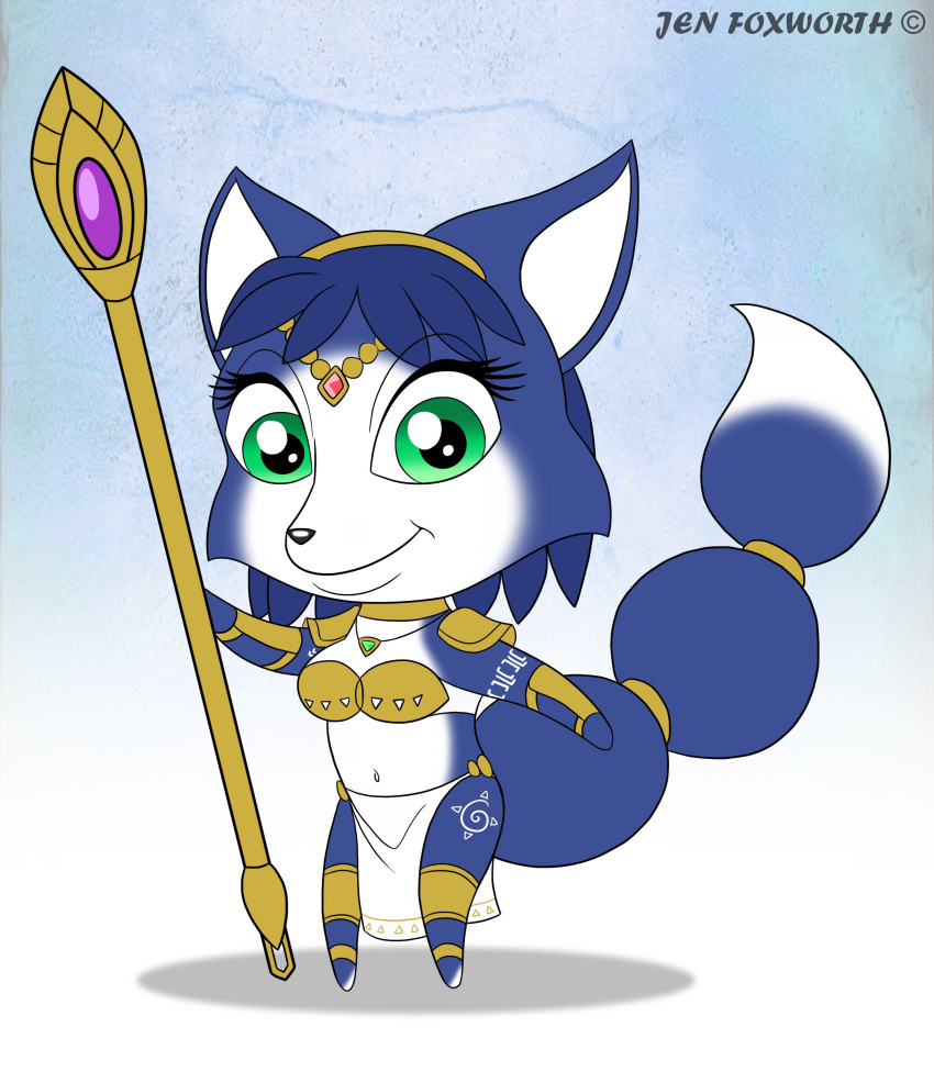 2015 absurd_res armor blue_body blue_fur blue_hair breasts canid canine chibi eyebrows eyelashes female fox fur gem green_eyes hair hi_res jen_foxworth jewelry krystal krystal's_staff looking_at_viewer mammal markings multicolored_body multicolored_fur navel necklace nintendo semi-anthro smile solo staff standing star_fox tail_jewelry tail_ring video_games white_body white_fur white_inner_ear white_markings