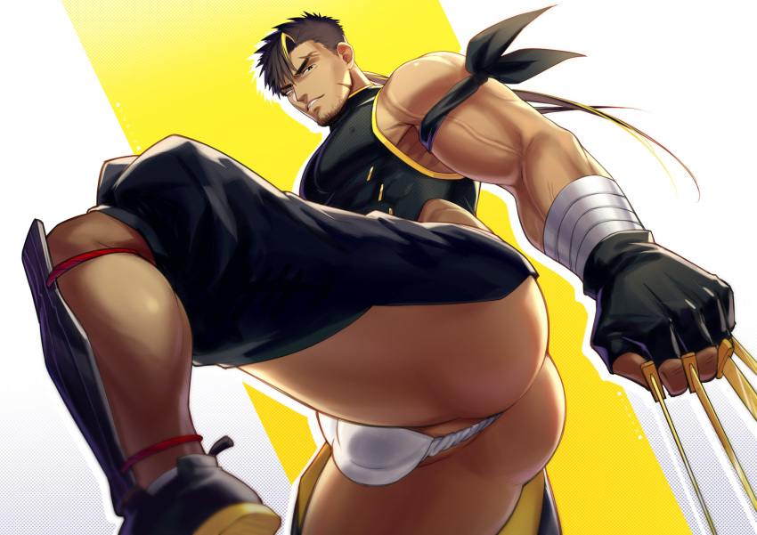 1boy ass ass_focus bara bare_shoulders black_gloves black_hair blonde_hair bulge chest covered_abs crotchless crotchless_pants dagger facial_hair fingerless_gloves fundoshi gloves highres japanese_clothes leg_lift male_focus multicolored_hair muscle ninja original shirt short_hair simple_background skin_tight sleeveless sleeveless_shirt solo standing standing_on_one_leg streaked_hair stubble thick_thighs thighs veins weapon yzpyn