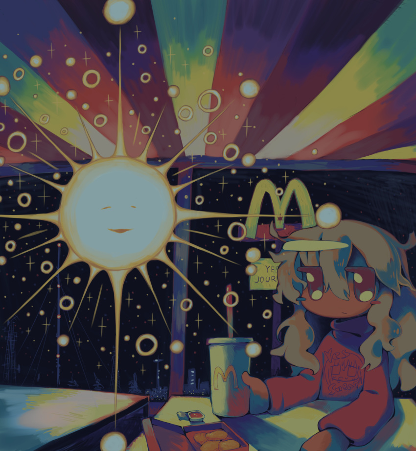 1girl absurdres chicken_nuggets cup drinking_straw grey_hair hado_fun hair_between_eyes highres holding holding_cup long_hair long_sleeves mcdonald's no_nose original red_shirt shirt solo sun surreal upper_body
