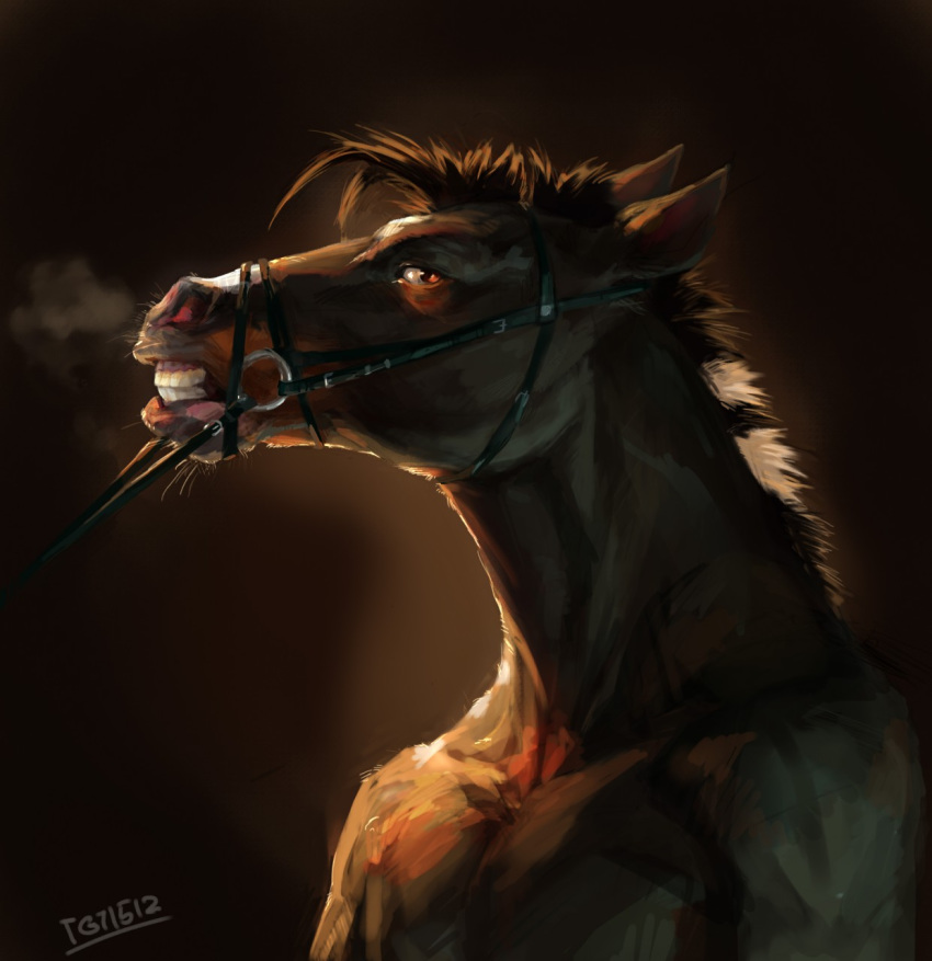 anthro athletic athletic_male bridle brown_body brown_fur bust_portrait clenched_teeth equid equine fur hi_res horse looking_at_viewer male mammal mane nude portrait side_view solo steam teeth tgt1512