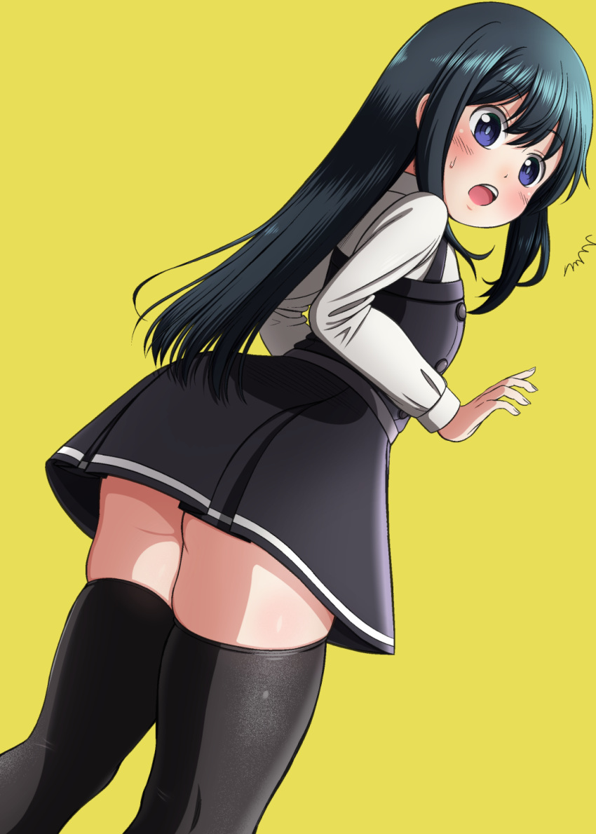 /\/\/\ 1girl asashio_(kantai_collection) ass black_hair black_legwear blue_eyes dress dutch_angle feet_out_of_frame highres jougenmushi kantai_collection long_hair long_sleeves no_panties open_mouth pinafore_dress remodel_(kantai_collection) round_teeth shirt solo standing teeth thighhighs upper_body upper_teeth white_shirt yellow_background