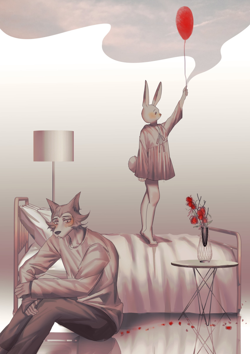 2020 absurd_res anthro arthurtng beastars bed canid canine canis clothed clothing duo female flower fully_clothed fur furniture grey_body grey_fur haru_(beastars) hi_res holding_balloon lagomorph legoshi_(beastars) leporid male mammal on_bed plant rabbit sitting standing table white_body white_fur wolf