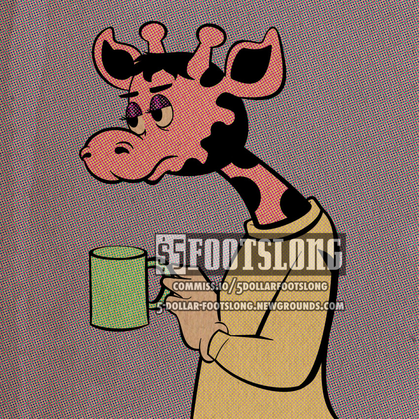 absurd_res anthro beverage black_eyes black_hair coffee coffee_mug footslong frown fur geoffrey_the_giraffe giraffe giraffid hair hi_res male mammal mascot orange_body orange_fur retro tired toys_"r"_us watermark