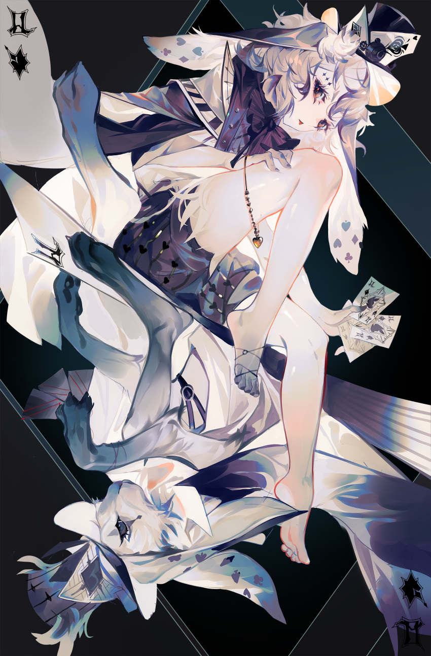 1girl absurdres ace_of_hearts ace_of_spades bare_legs barefoot black_background card feet grandia_lee hat highres holding holding_card jack_of_spades king_of_spades looking_at_viewer original poker queen_of_spades shorts silver_hair sitting skirt