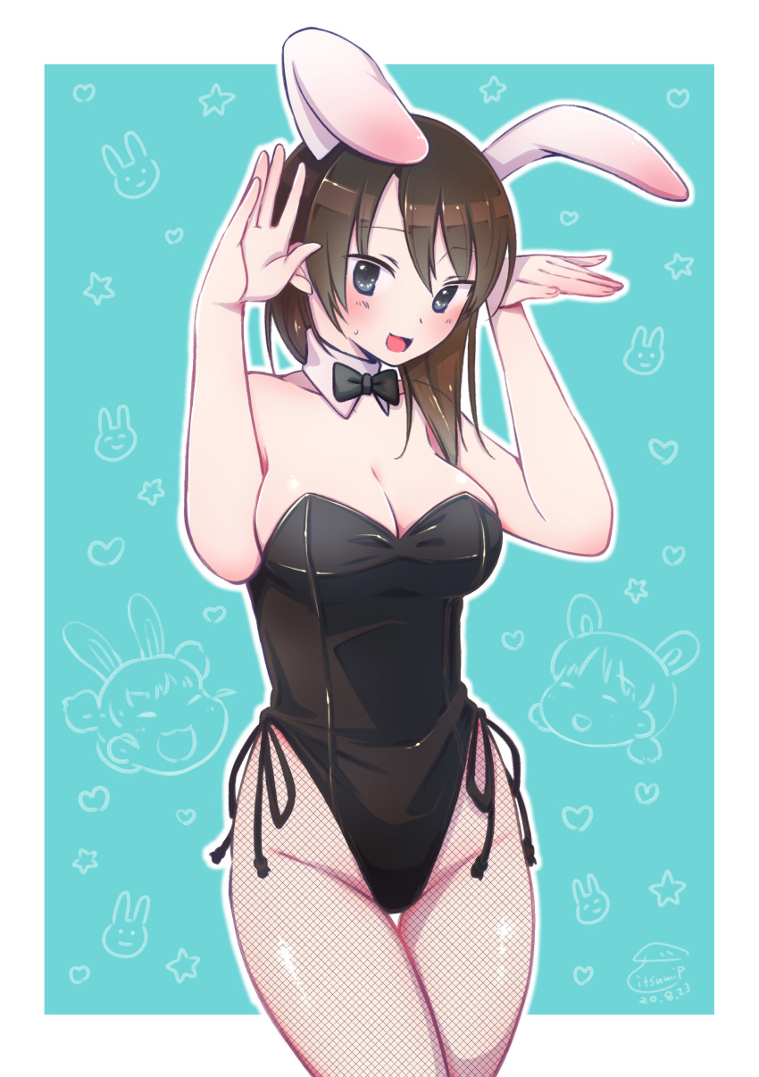 1girl absurdres aki_(girls_und_panzer) alternate_headwear animal_ears aqua_background artist_name bangs black_eyes black_legwear black_leotard black_neckwear blush bow bowtie breasts brown_hair bunny_background bunny_ears bunny_pose cleavage collar commentary covered_navel cowboy_shot dated detached_collar fake_animal_ears fishnet_legwear fishnets girls_und_panzer hair_over_shoulder heart heart_background highres itsumip leotard long_hair looking_at_viewer medium_breasts medium_hair mika_(girls_und_panzer) mikko_(girls_und_panzer) open_mouth outline outside_border pantyhose playboy_bunny side-tie_leotard signature smile solo standing starry_background strapless strapless_leotard sweatdrop thigh_gap white_collar white_outline wing_collar wrist_cuffs