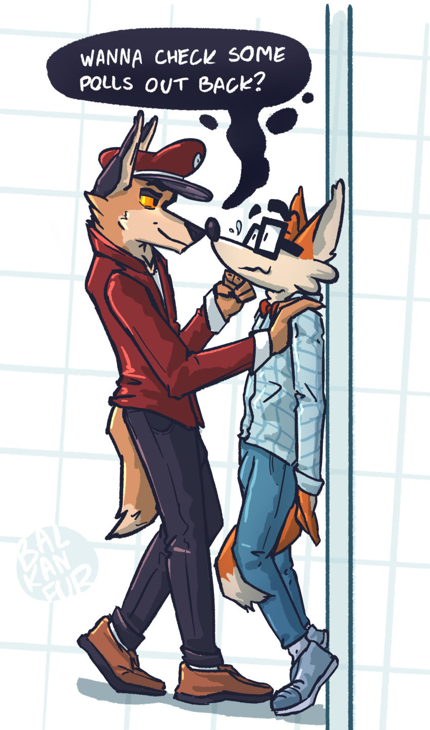 absurd_res anthro balkanfur black_ears black_nose canid canine canis clothed clothing duo eyewear fivey_fox flustered fox fur glasses hi_res hickory jackal leaning_over male male/male mammal nerd orange_body orange_fur orange_sclera pinned red_clothing red_fox simple_background text