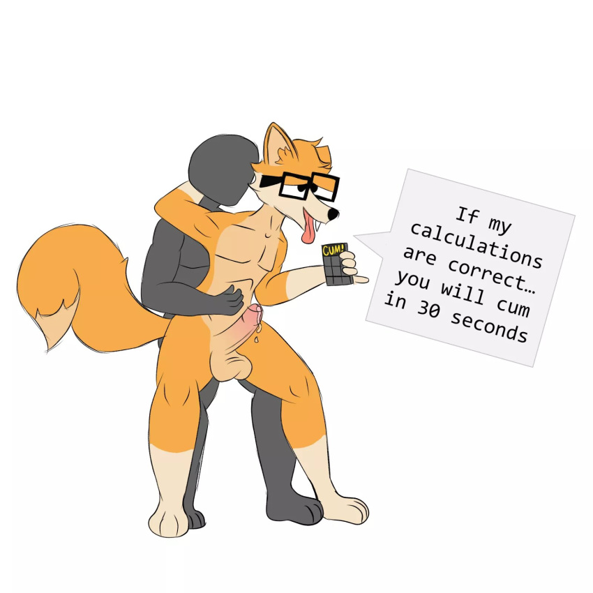 anal anal_penetration anthro balls bodily_fluids canid canine catboyz duo erection eyewear faceless_character fivey_fox fox fur genital_fluids genitals glasses hi_res humanoid humanoid_genitalia male male/male male_penetrating mammal nude orange_body orange_fur penetration penis precum simple_background text tongue tongue_out white_body white_fur