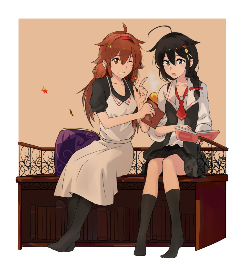 2girls ;) ahoge black_hair black_legwear black_shirt black_skirt black_vest blue_eyes book braid brown_eyes brown_hair casual dress eyebrows_visible_through_hair food full_body hair_between_eyes hair_flaps hair_ornament hair_over_shoulder hairband highres holding holding_book holding_food kantai_collection long_hair multiple_girls necktie no_shoes official_alternate_costume one_eye_closed plaid plaid_skirt red_hairband red_neckwear remodel_(kantai_collection) saltyfishtigris shigure_(kantai_collection) shiratsuyu_(kantai_collection) shirt single_braid sitting skirt smile sweet_potato vest white_dress