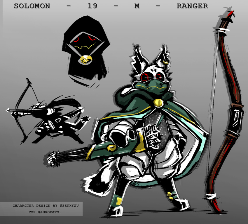 absurd_res anthro archer armor arrow cloak clothing dungeons_and_dragons ear_piercing ear_ring fur gloves handwear hasbro hi_res hood male mask piercing plantigrade ranged_weapon ranger red_eyes solo solomon_(auropaw) unknown_species weapon white_body white_fur wizards_of_the_coast zephyzu