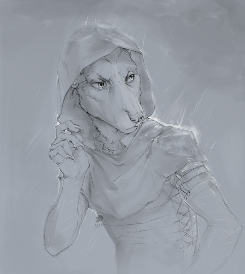 anthro assassin clothed clothing fully_clothed greyscale hi_res hood male mammal monochrome murid murine raining rat rodent skaven sketch solo tgt1512 warhammer_(franchise) znik_verminseeker