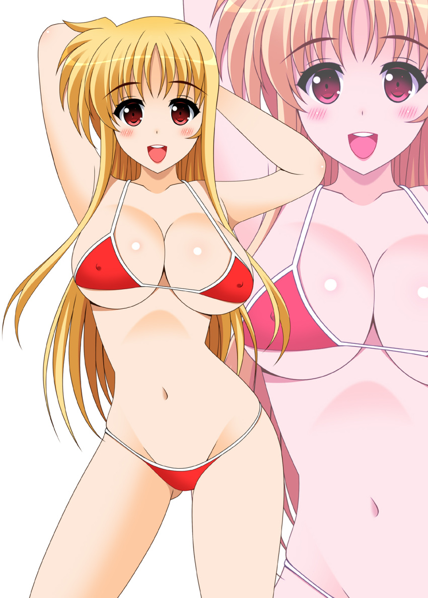 1girl arm_behind_head bikini blonde_hair breasts commentary_request cowboy_shot fate_testarossa groin highres large_breasts long_hair looking_at_viewer lyrical_nanoha mahou_shoujo_lyrical_nanoha_strikers navel oda_ken'ichi open_mouth red_bikini red_eyes round_teeth smile solo swimsuit teeth upper_teeth zoom_layer