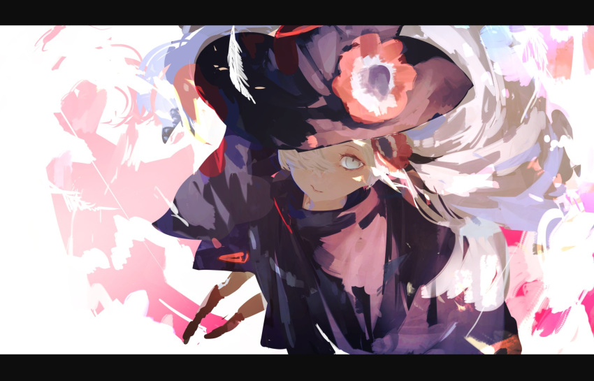 1girl black_headwear closed_mouth feathers flower grey_eyes hair_over_one_eye hat hat_flower highres kuronoiparoma long_hair looking_at_viewer looking_up original red_footwear solo white_hair witch witch_hat