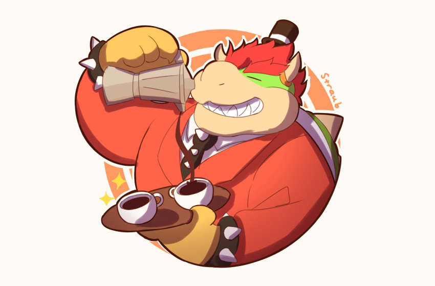 anthro armband beverage bowser business_suit classy clothing cup cup_of_tea eyebrows eyes_closed grin hair half_body hat headgear headwear hi_res horn koopa male mario_bros necktie nintendo pouring red_hair reptile scalie shell smile solo spiked_armband spiked_shell spikes spikes_(anatomy) strauburi suit tea teeth teeth_showing thick_eyebrows top_hat video_games