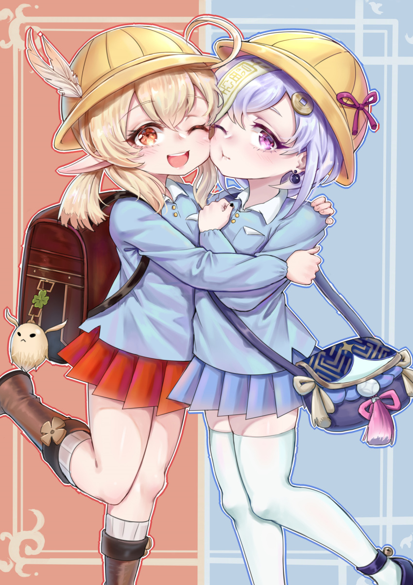 2girls ;d ;t ahoge ai_hua_hua_de_tianxian_baobao alternate_costume backpack bag bag_charm black_footwear blonde_hair blue_outline blue_shirt blue_skirt blush boots brown_footwear charm_(object) closed_mouth collared_shirt commentary_request feathers genshin_impact hair_ornament hat hat_feather highres hug kindergarten_uniform klee_(genshin_impact) knee_boots kneehighs long_hair low_twintails multiple_girls ofuda one_eye_closed open_mouth outline pleated_skirt pointy_ears purple_eyes purple_hair qiqi red_eyes red_outline red_skirt ribbed_legwear school_hat shirt shoes shoulder_bag sidelocks skirt smile standing standing_on_one_leg thighhighs twintails white_feathers white_legwear white_shirt yellow_headwear