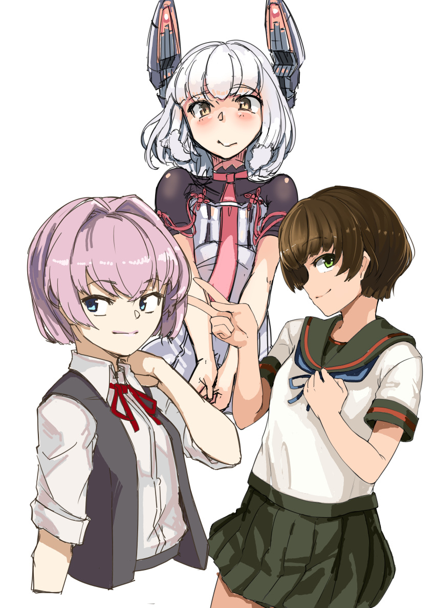 absurdres alternate_hair_length alternate_hairstyle black_hair black_sailor_collar blue_eyes cropped_torso dress_shirt fubuki_(kantai_collection) green_eyes grey_vest headgear highres kantai_collection looking_at_viewer murakumo_(kantai_collection) necktie ned_ribbon orange_eyes pink_hair pleated_skirt profile red_neckwear red_ribbon remodel_(kantai_collection) ribbon sailor_collar school_uniform shiranui_(kantai_collection) shirt short_eyebrows short_hair short_sleeves silver_hair simple_background skirt smile uni_(uni-strain) vest white_background white_shirt