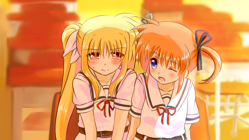 blonde_hair blush embarrassed fate_testarossa flustered hair_ribbon happy kerorokjy long_hair looking_at_another lyrical_nanoha mahou_shoujo_lyrical_nanoha mahou_shoujo_lyrical_nanoha_a's neck_ribbon open_mouth orange_hair pout pouty_lips purple_eyes red_eyes ribbon school_uniform short_hair short_twintails smile takamachi_nanoha twintails uniform younger yuri